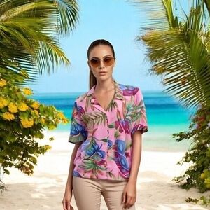 Vintage Alfred Dunner Hawaiian Floral Silk Blouse 18 Button Front Short Sleeve